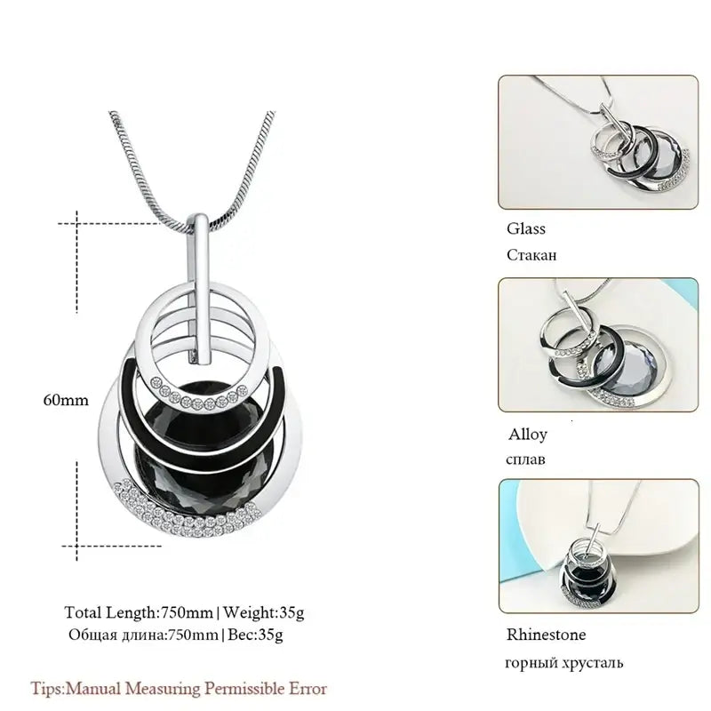 Silver-toned geometric rhinestone statement necklace featuring concentric rings with black glass inlays for women