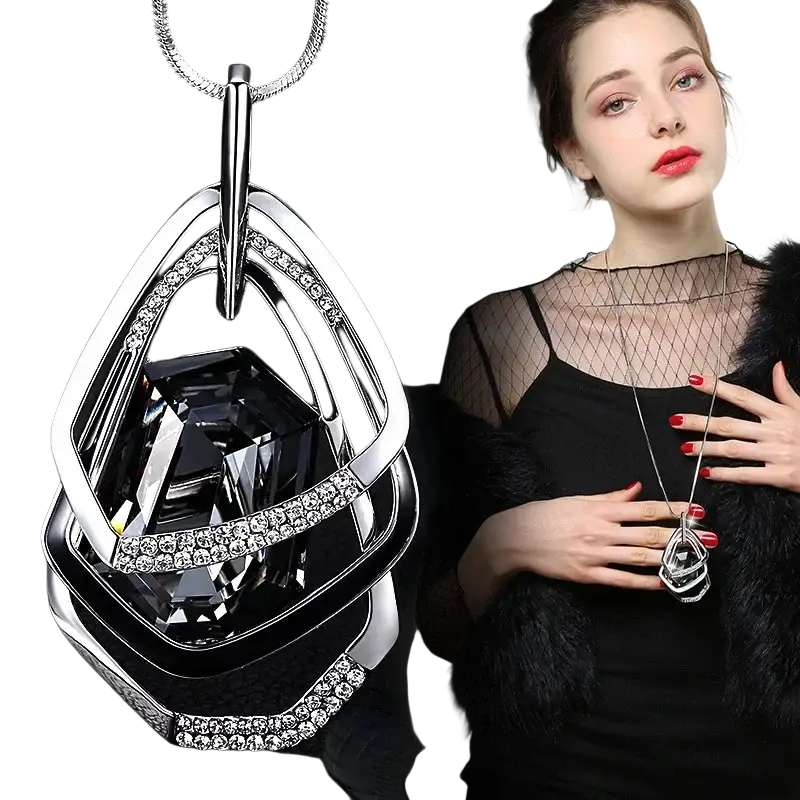 A geometric rhinestone statement necklace for women featuring a sleek multi-layered design with a black crystal center encased in silver-toned metal