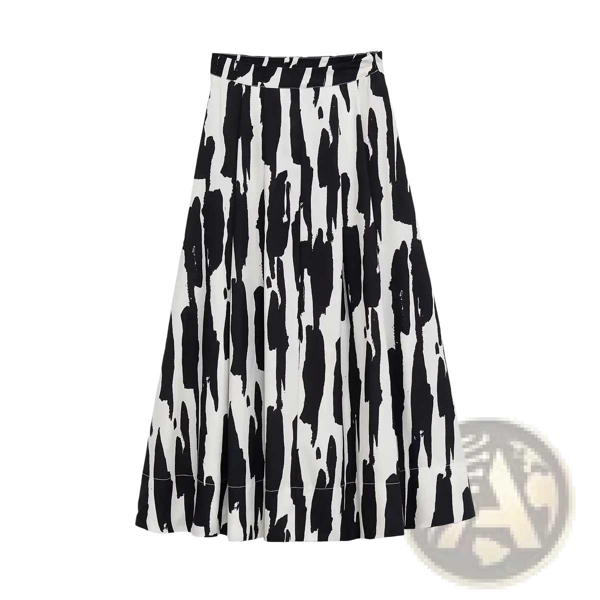 Geometric satin midi skirt featuring black and white abstract brushstroke pleated design in elegant satin material