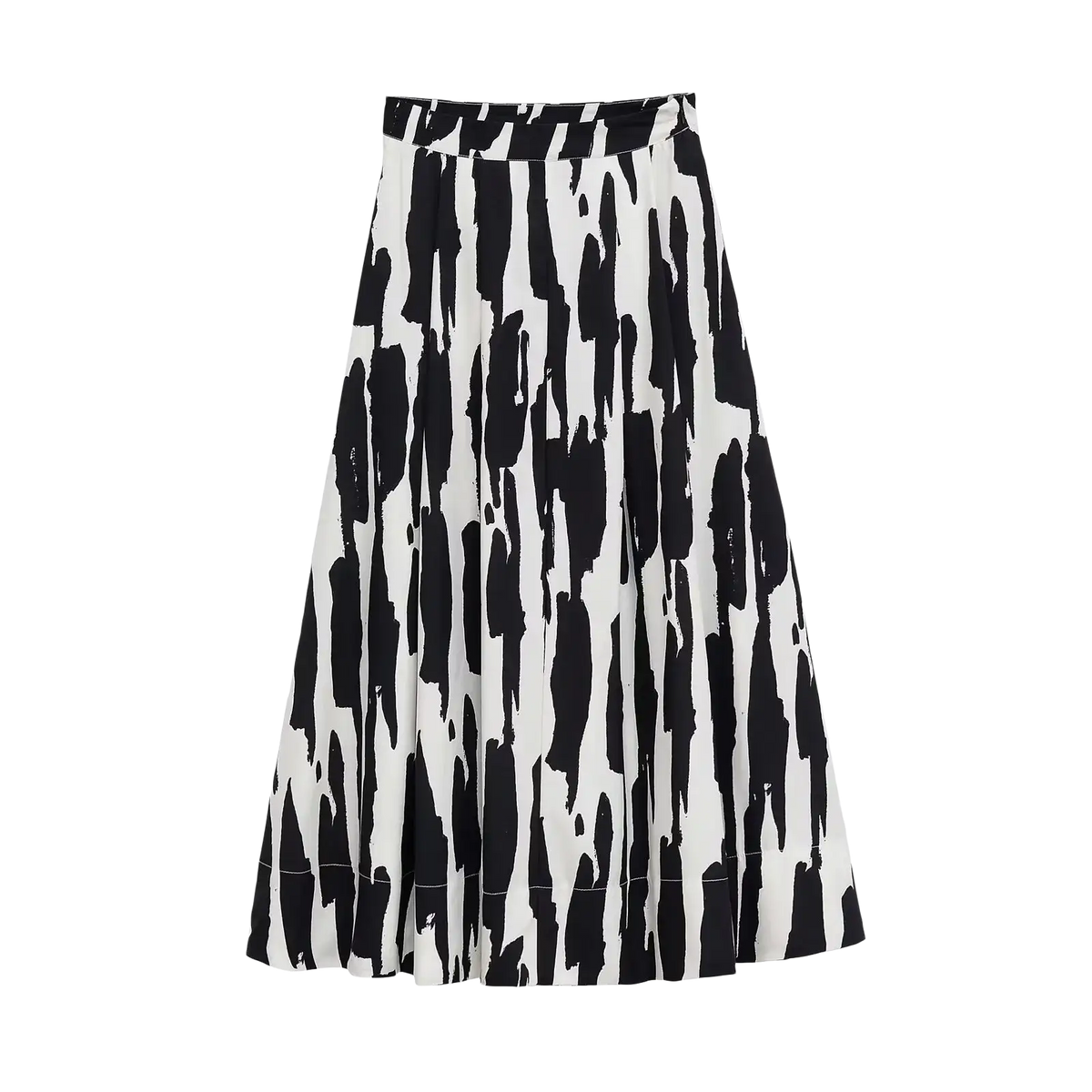 Geometric satin midi skirt featuring black and white abstract brushstroke pleated design in elegant satin material