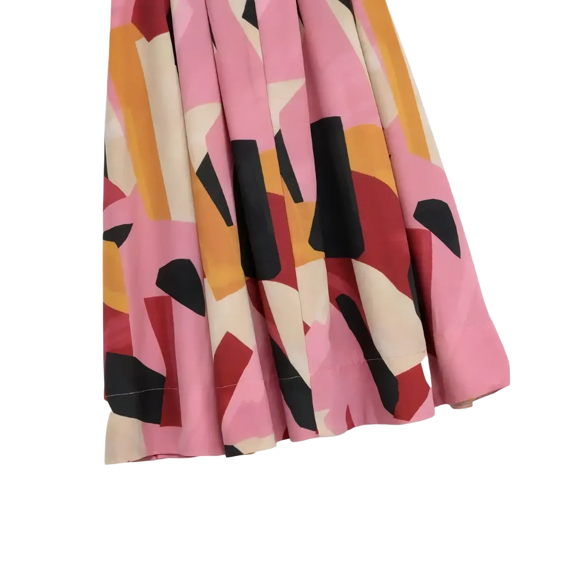 A geometric satin midi skirt with a flared cut in vibrant pink orange black and beige abstract pattern