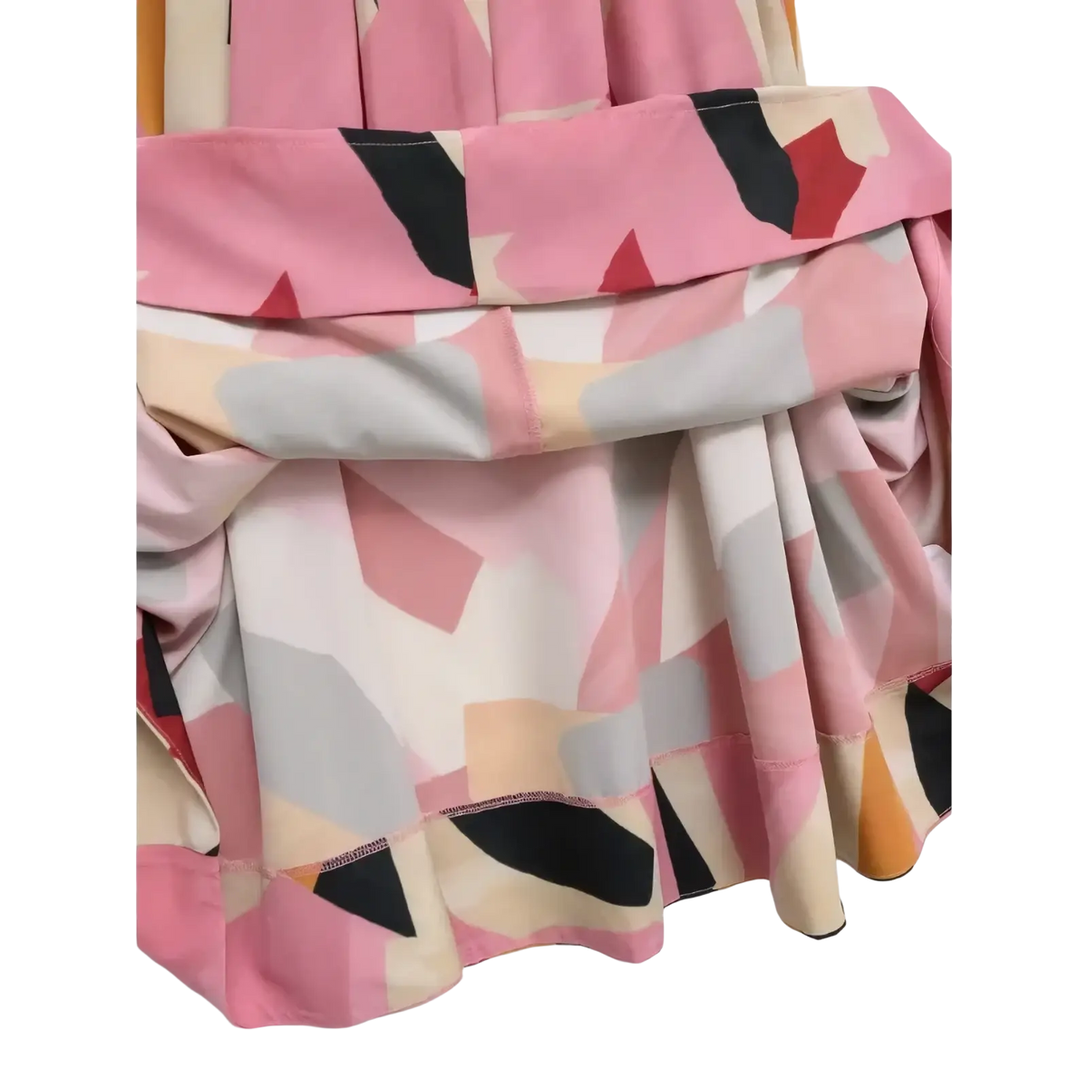 Geometric satin midi skirt with a flowing abstract geometric print in shades of pink black beige and gray
