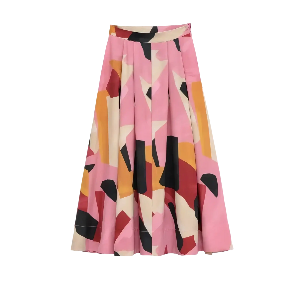A pleated pink satin midi skirt with a bold abstract geometric pattern in black orange and cream