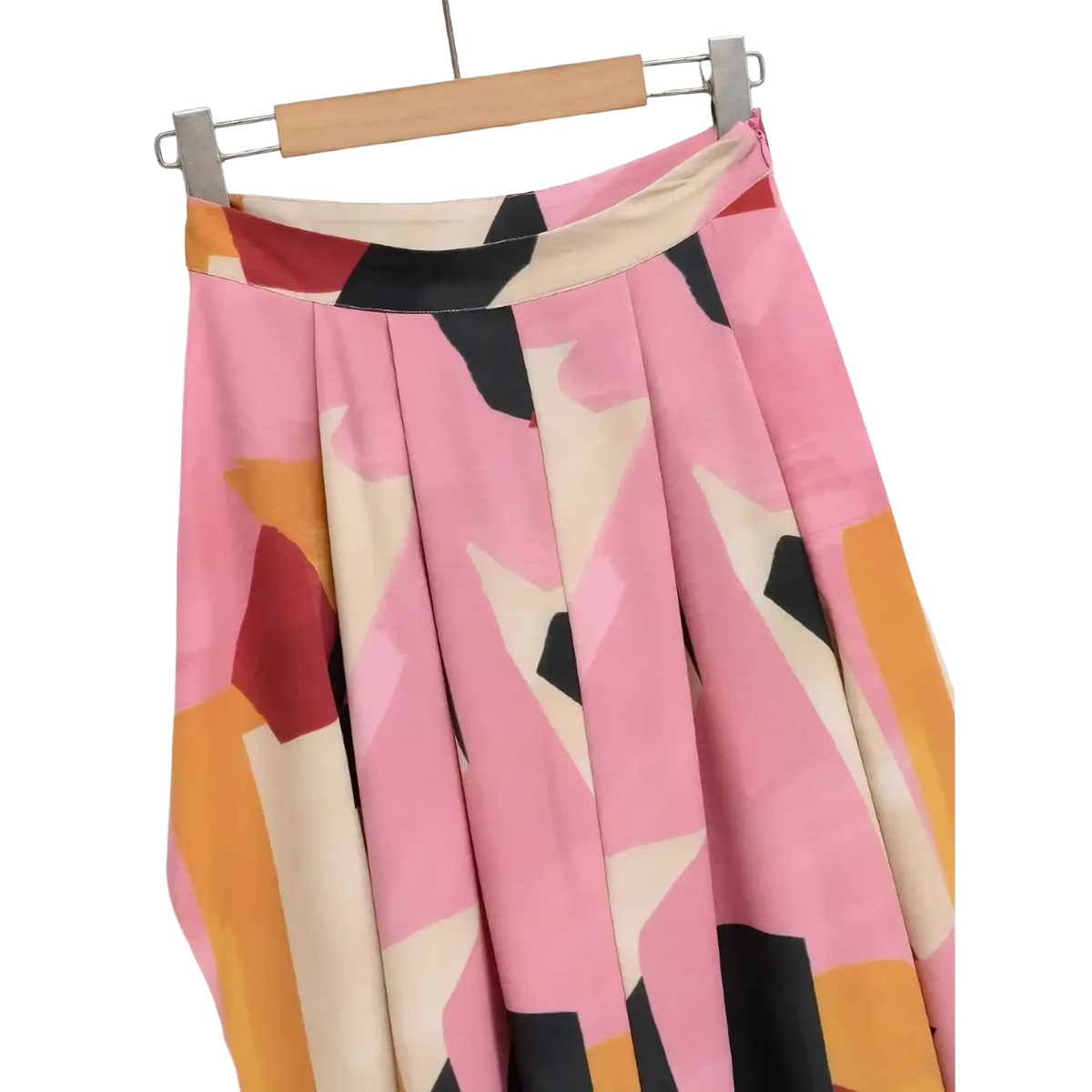 Pleated pink geometric satin midi skirt with bold abstract black orange and beige pattern