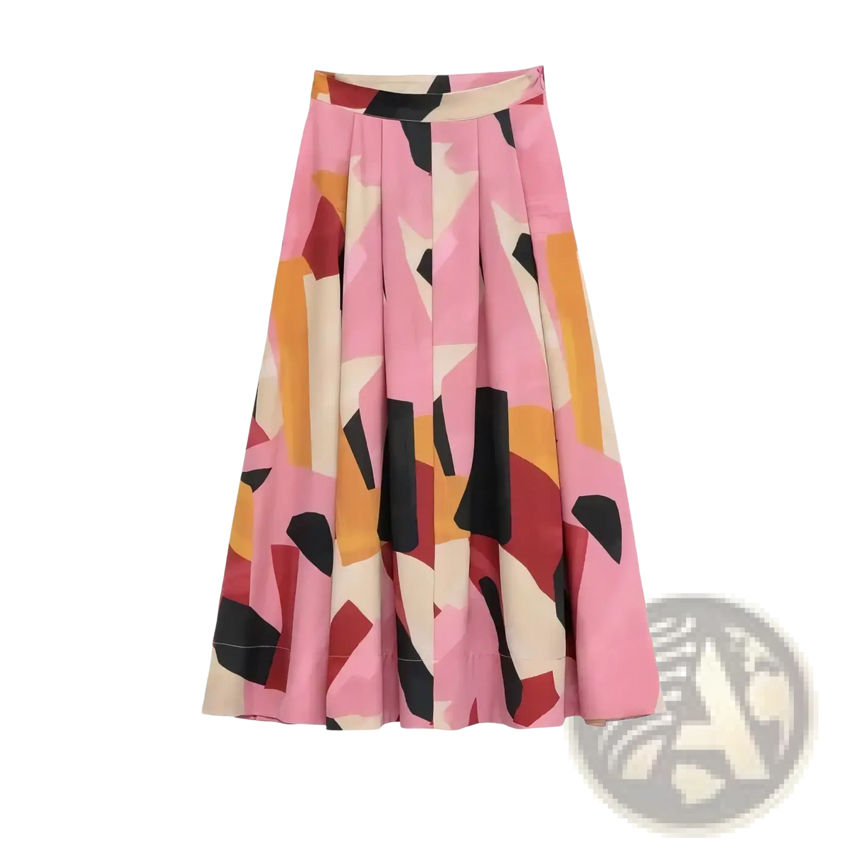 A pleated pink satin midi skirt with a bold abstract geometric pattern in black orange and cream