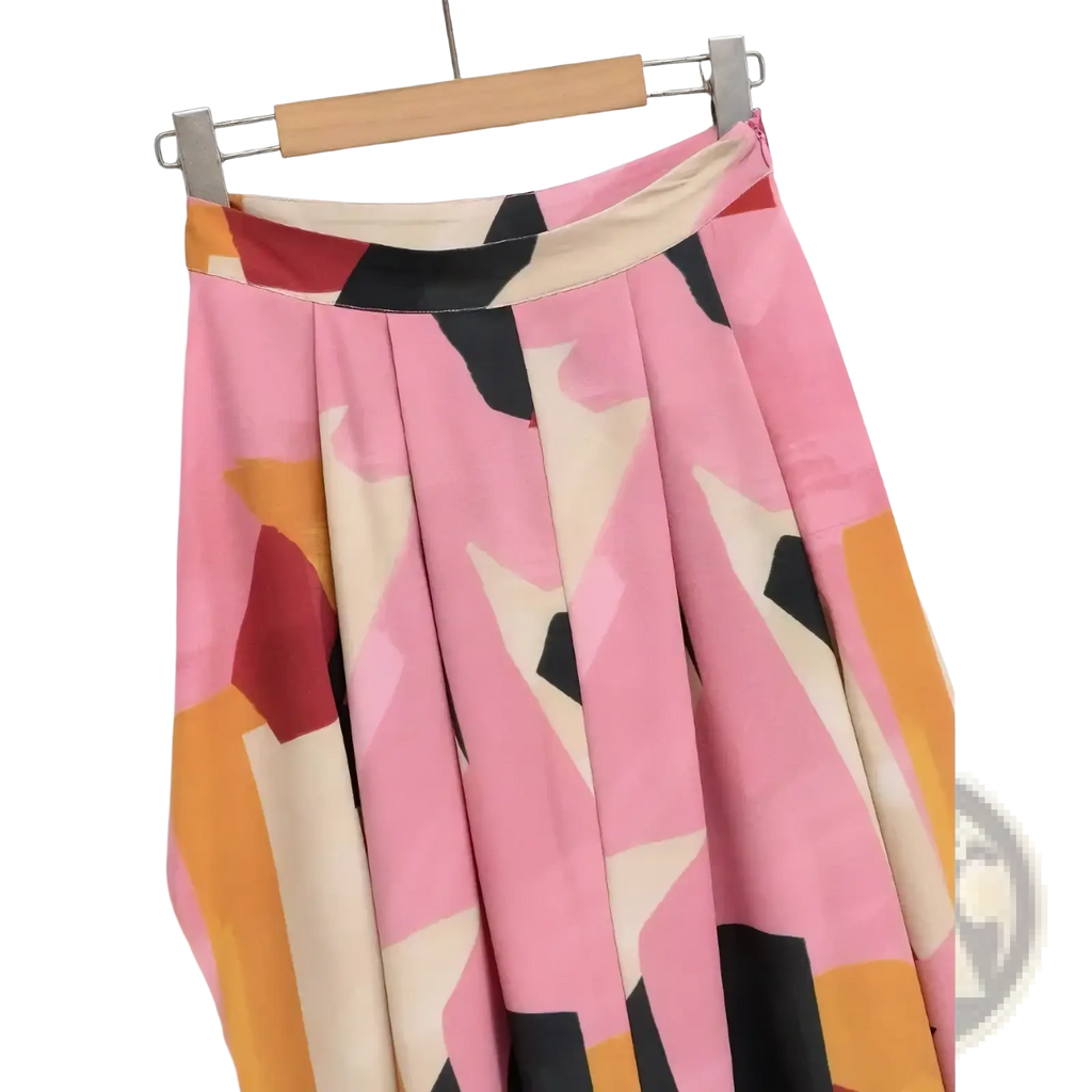 Pleated pink geometric satin midi skirt with bold abstract black orange and beige pattern