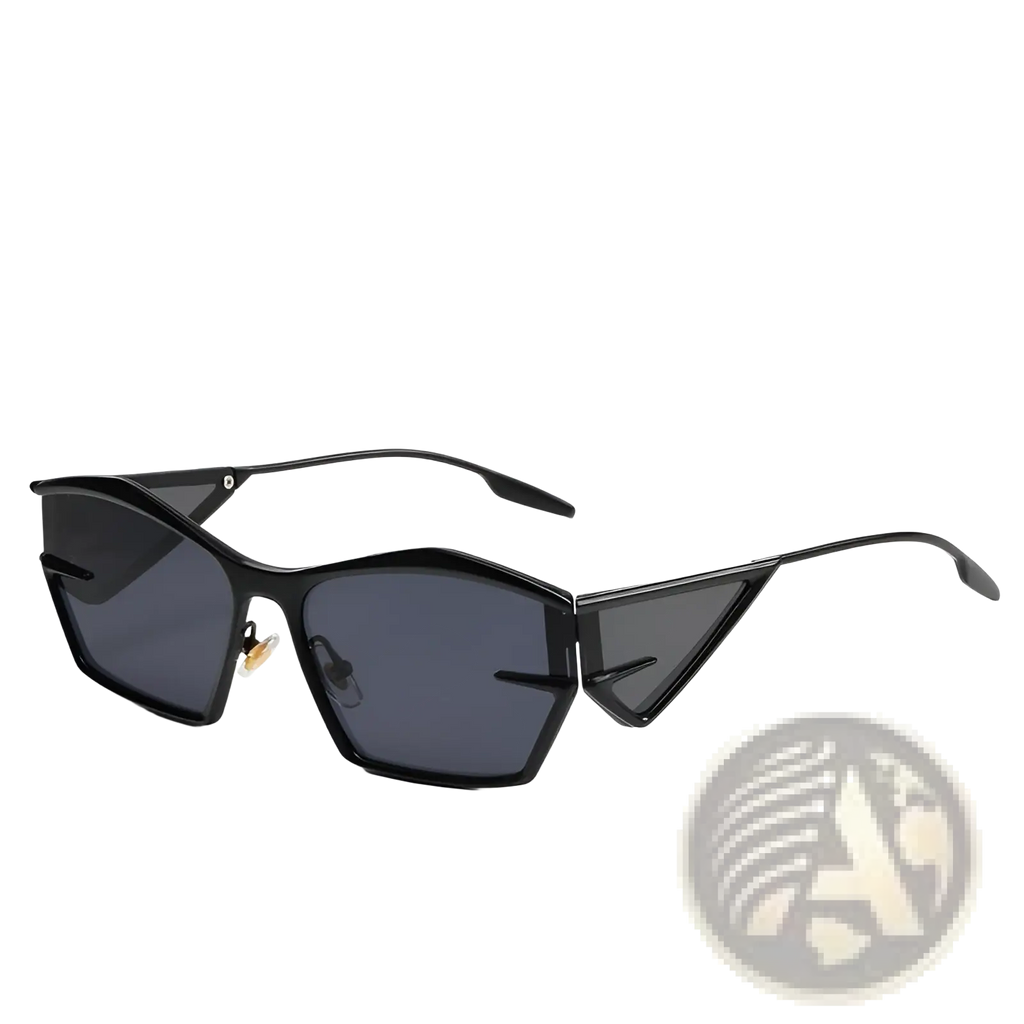 Geometric shield uv400 fashion sunglasses with black angular frames and dark gray tinted lenses for sun protection