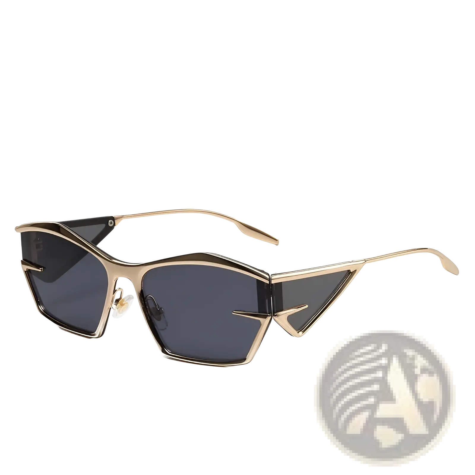 Geometric shield UV400 fashion sunglasses with gold frame and black gray tinted lenses in a modern angular design