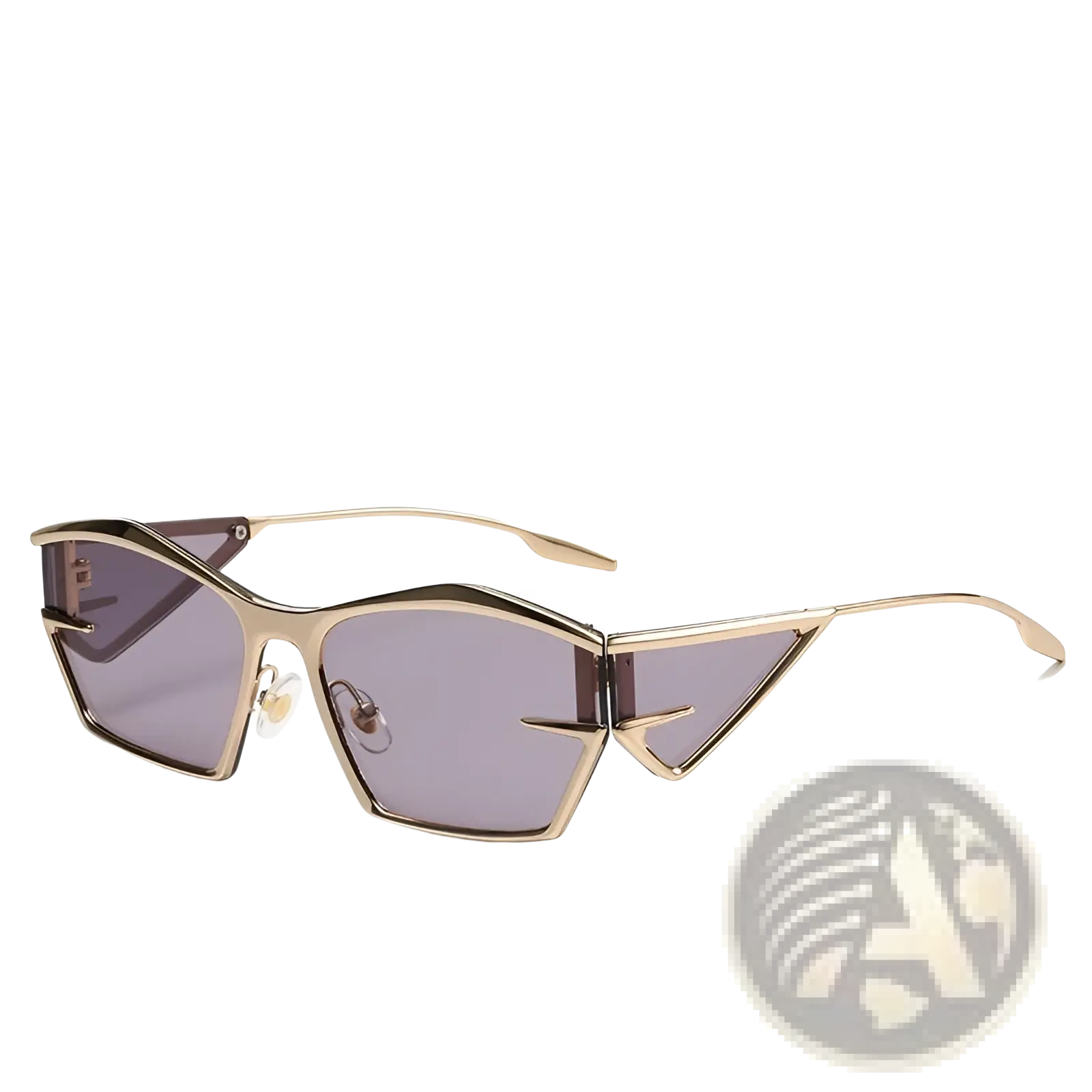 Gold-framed geometric shield uv400 fashion sunglasses with gray and pink gradient angular lenses for sun protection