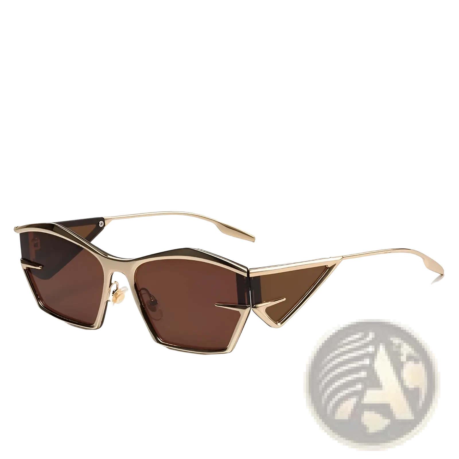 Geometric shield uv400 fashion sunglasses with gold frame and golden brown tea leaves angular design and brown lenses