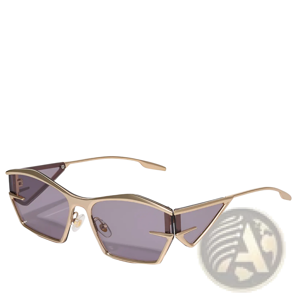 Gold-toned geometric shield uv400 fashion sunglasses with angular frames and gradient purple lenses