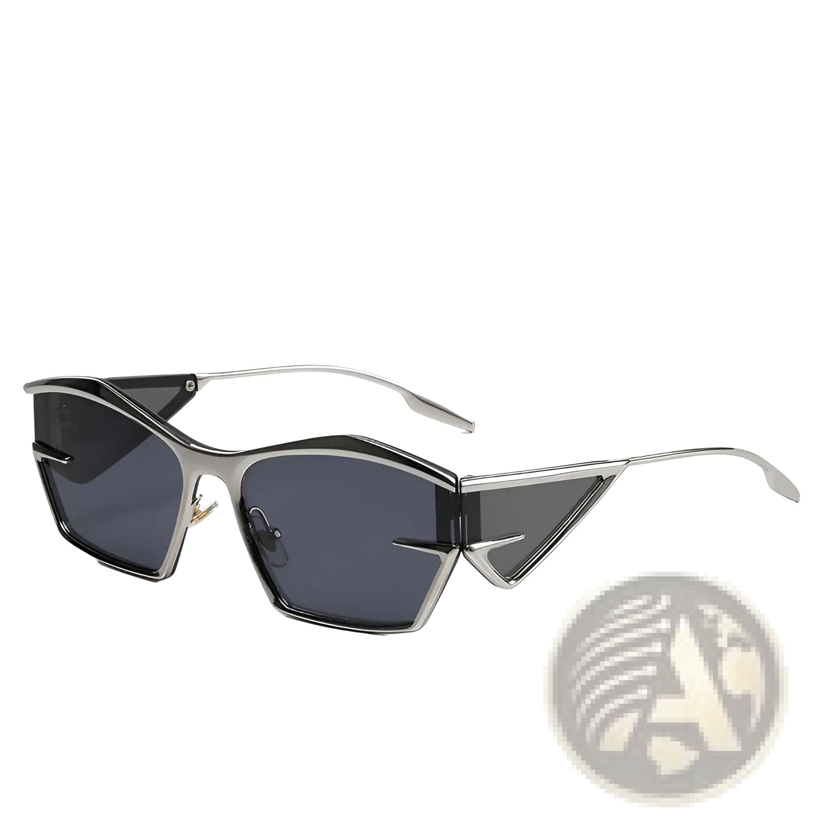 Silver-framed Geometric Shield UV400 fashion sunglasses with black and gray angular geometric lenses