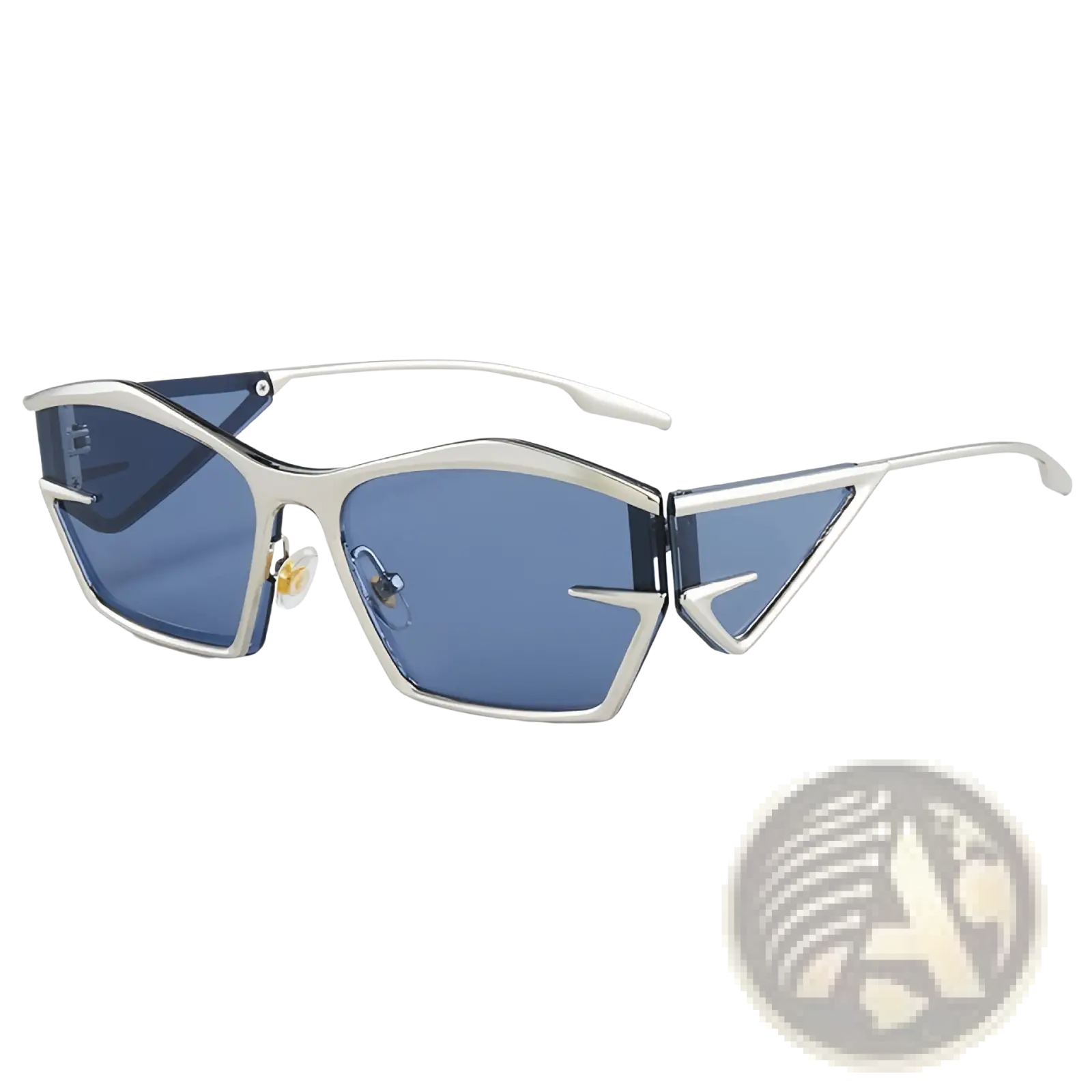 Silver-framed geometric shield uv400 fashion sunglasses with angular design and blue-tinted lenses for sun protection