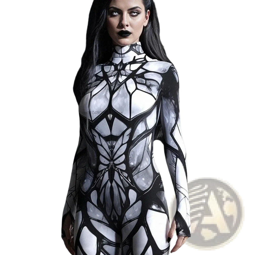 A black and white geometric spiderweb bodysuit costume featuring a skeletal butterfly body paint design on a high neck form fitting suit