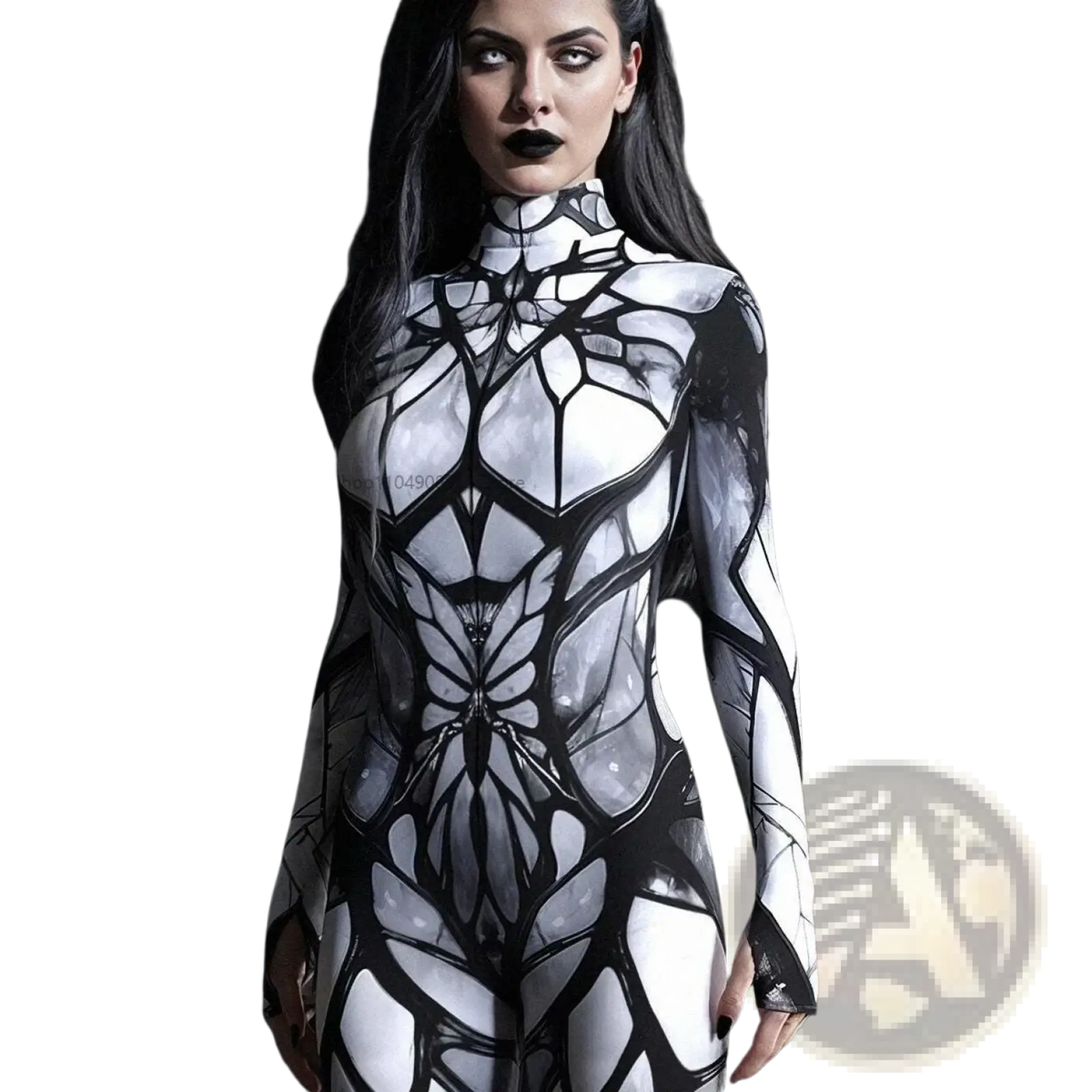 A black and white geometric spiderweb bodysuit costume featuring a skeletal butterfly body paint design on a high neck form fitting suit