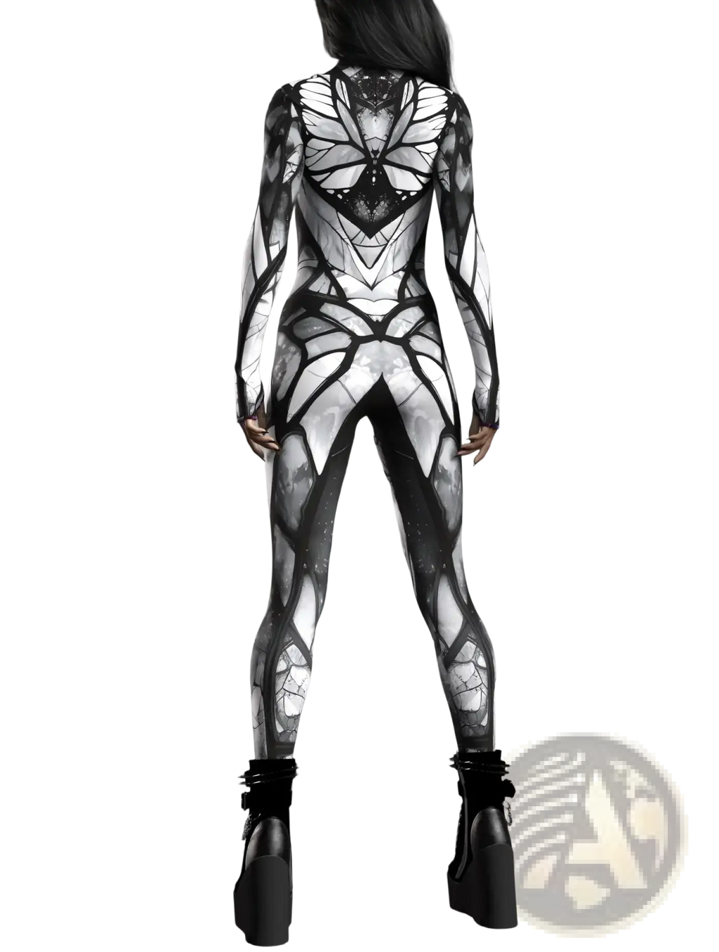 Black and white lace-like bodysuit costume featuring intricate geometric spiderweb patterns and sheer material