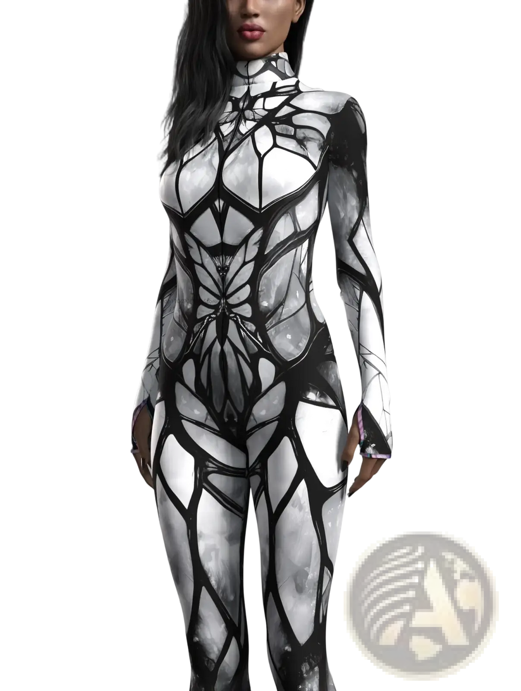Geometric spiderweb bodysuit costume in black and white with a form-fitting spiderweb pattern covering the entire outfit