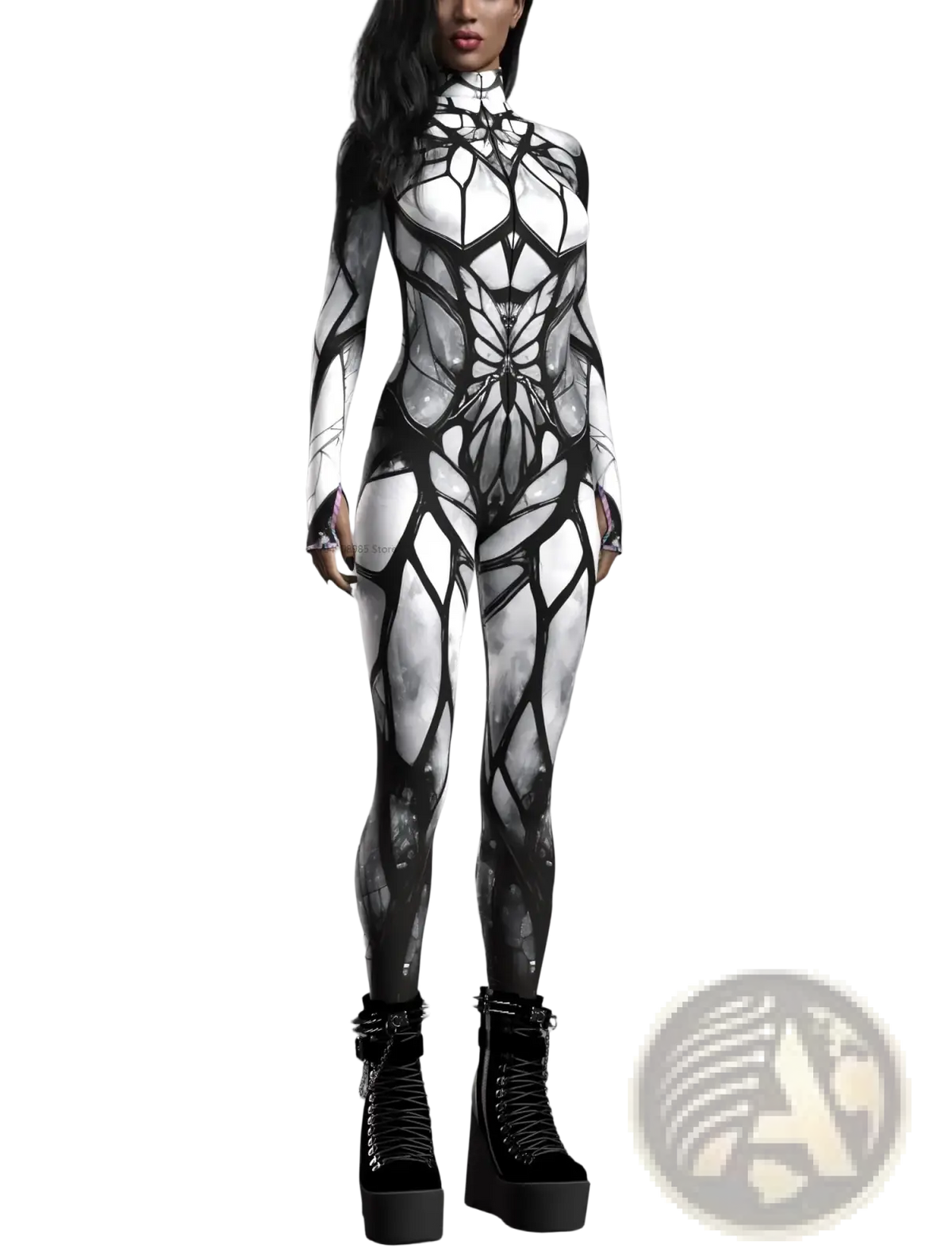A form-fitting high-necked black and white bodysuit with intricate geometric spiderweb patterns