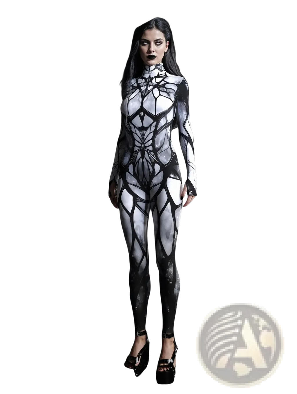 A sleek black and white geometric spiderweb bodysuit costume with intricate lace-like pattern and form-fitting design