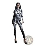 A sleek black and white geometric spiderweb bodysuit costume with a form-fitting design and intricate pattern