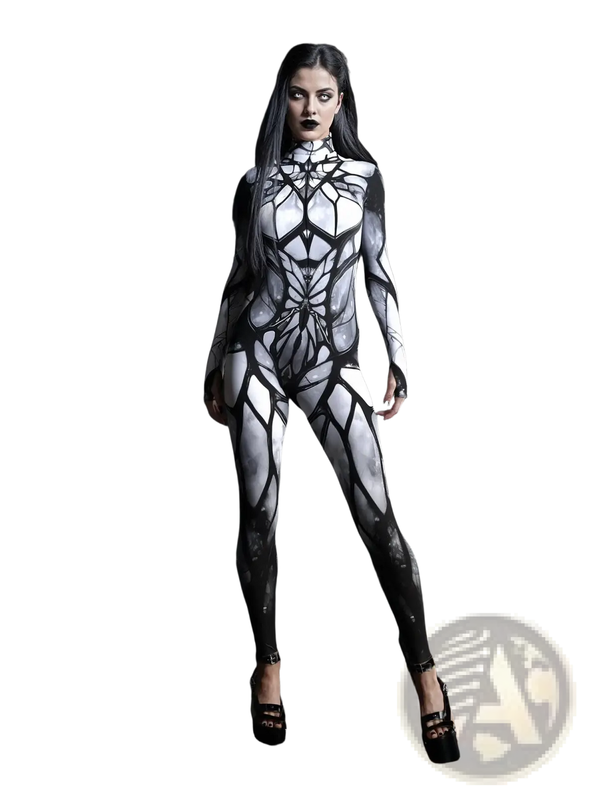 A sleek black and white geometric spiderweb bodysuit costume with a form-fitting design and intricate pattern