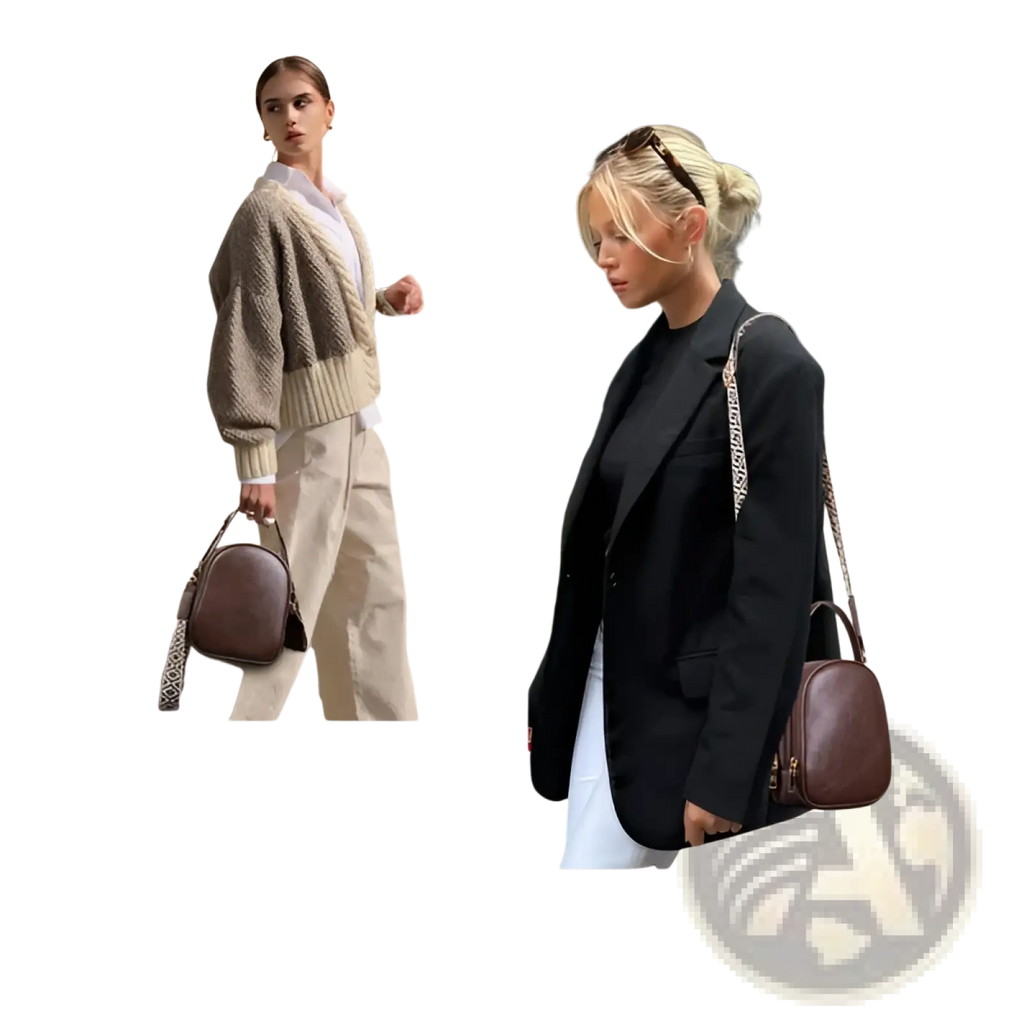 Brown leather faux leather crossbody bag with geometric chain strap and gold hardware for stylish convenience