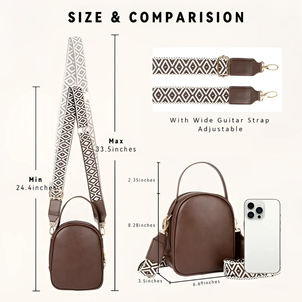 Brown faux leather crossbody bag with geometric-patterned adjustable strap and gold hardware for stylish use