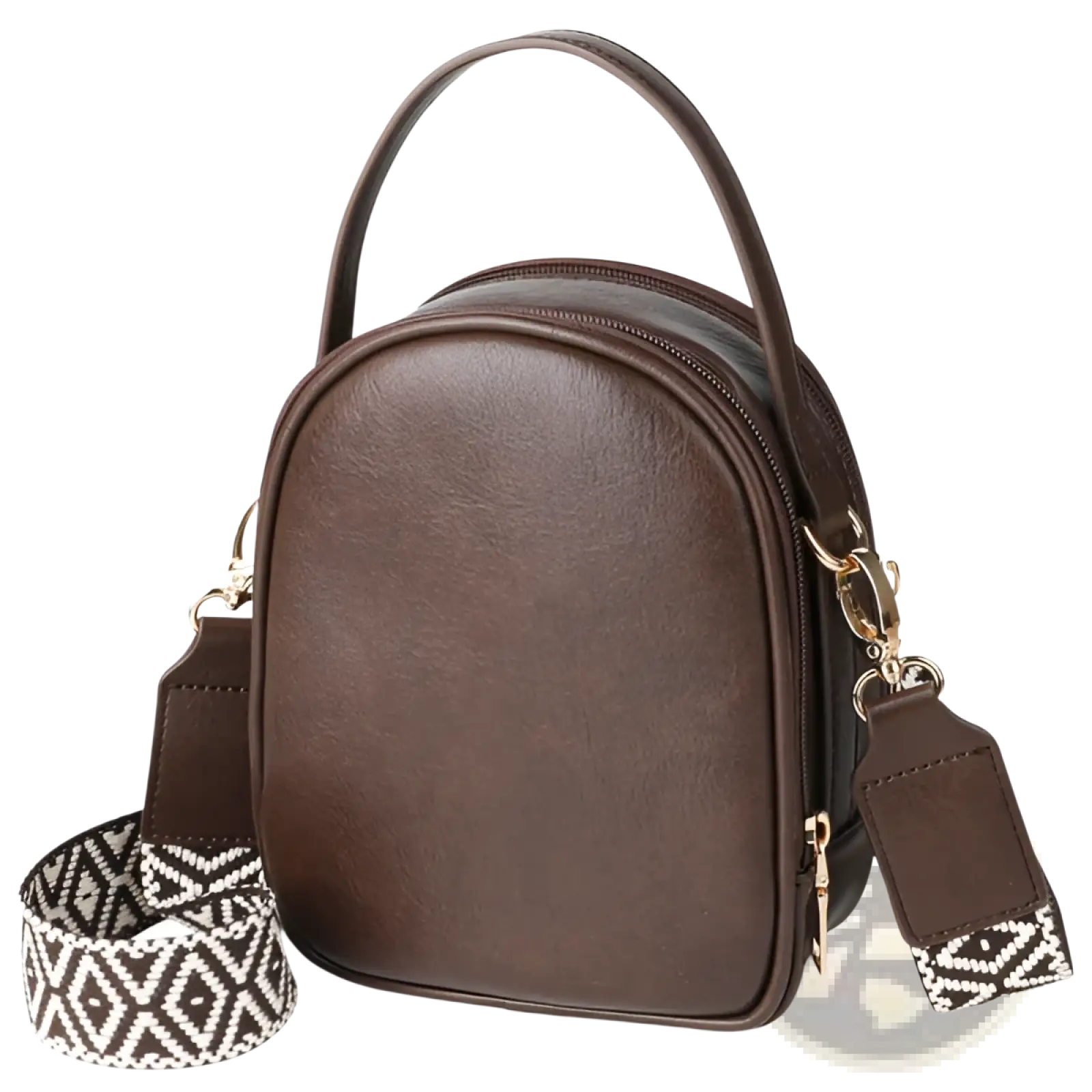 Brown faux leather mini crossbody bag with geometric-patterned adjustable strap and gold-tone hardware
