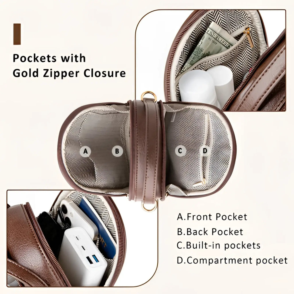Brown leather oval-shaped crossbody bag with gold hardware and herringbone-patterned interior lining