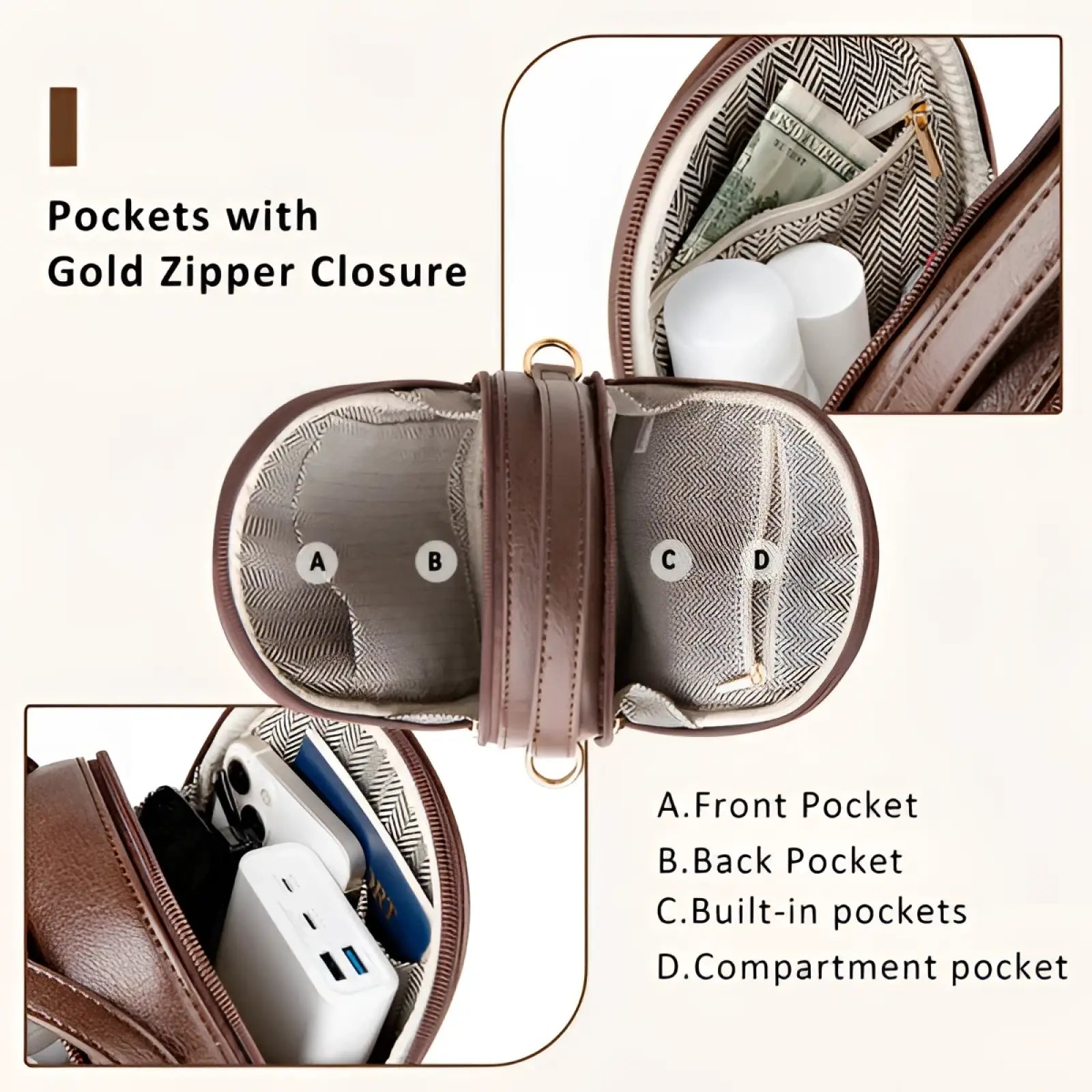 Brown leather oval-shaped crossbody bag with gold hardware and herringbone-patterned interior lining