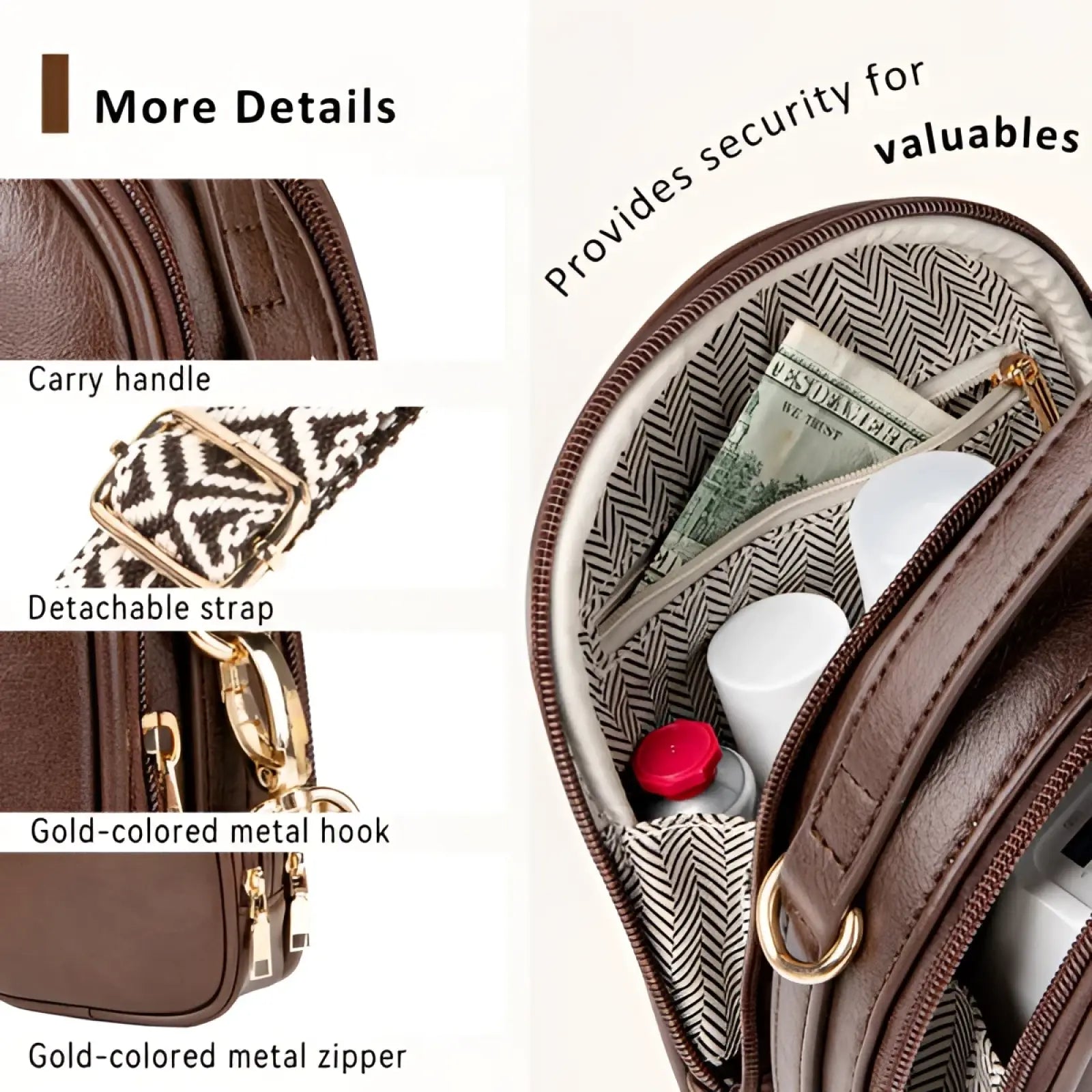Brown leather faux leather crossbody bag with detachable black and white geometric strap gold hardware and herringbone interior