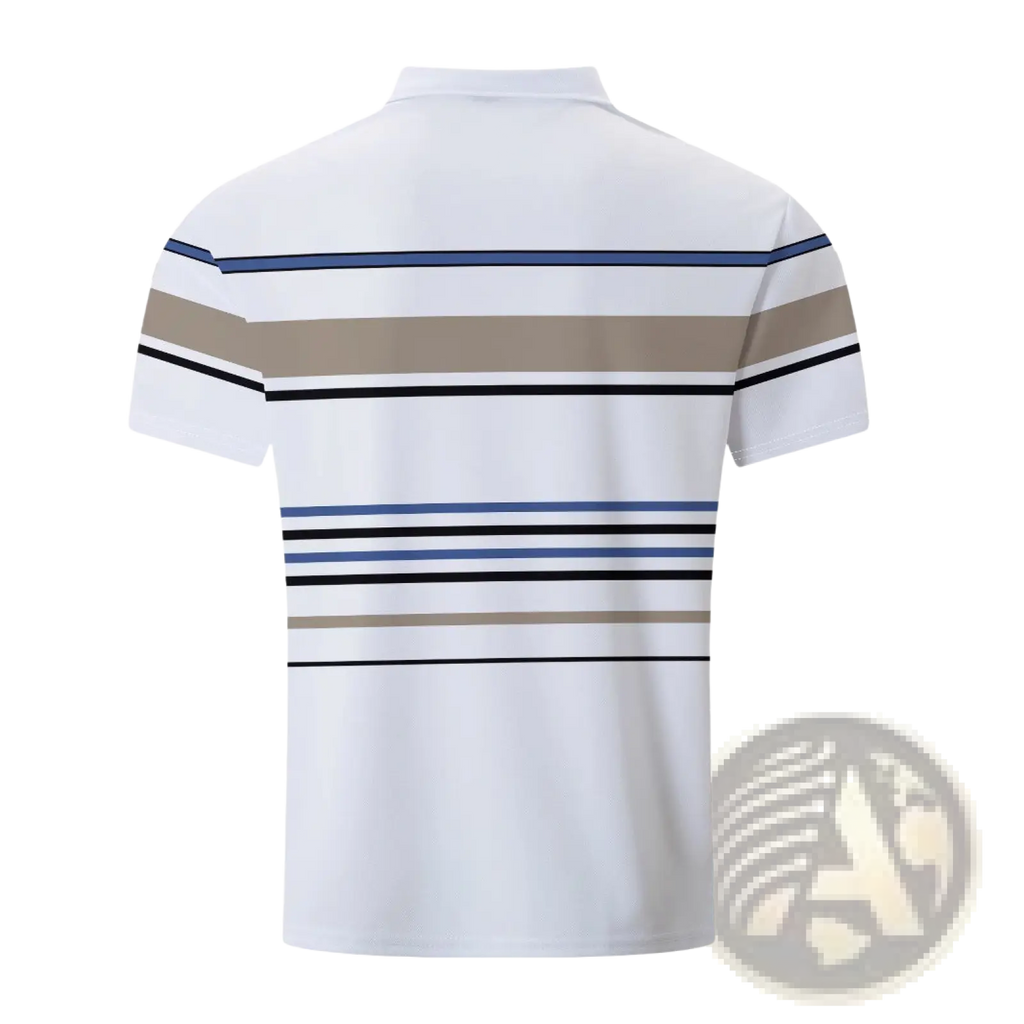 White men summer polo shirt with horizontal navy blue beige and black geometric stripes for casual wear