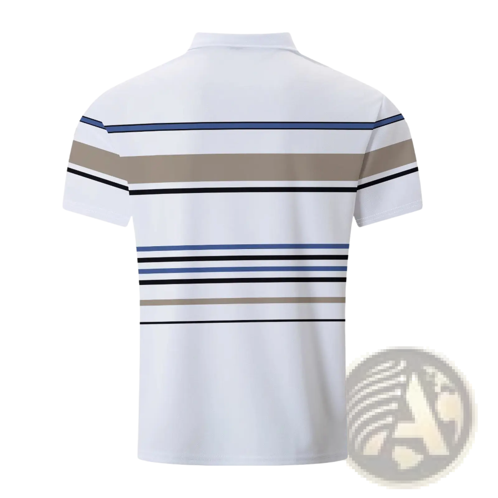 White men summer polo shirt with horizontal navy blue beige and black geometric stripes for casual wear