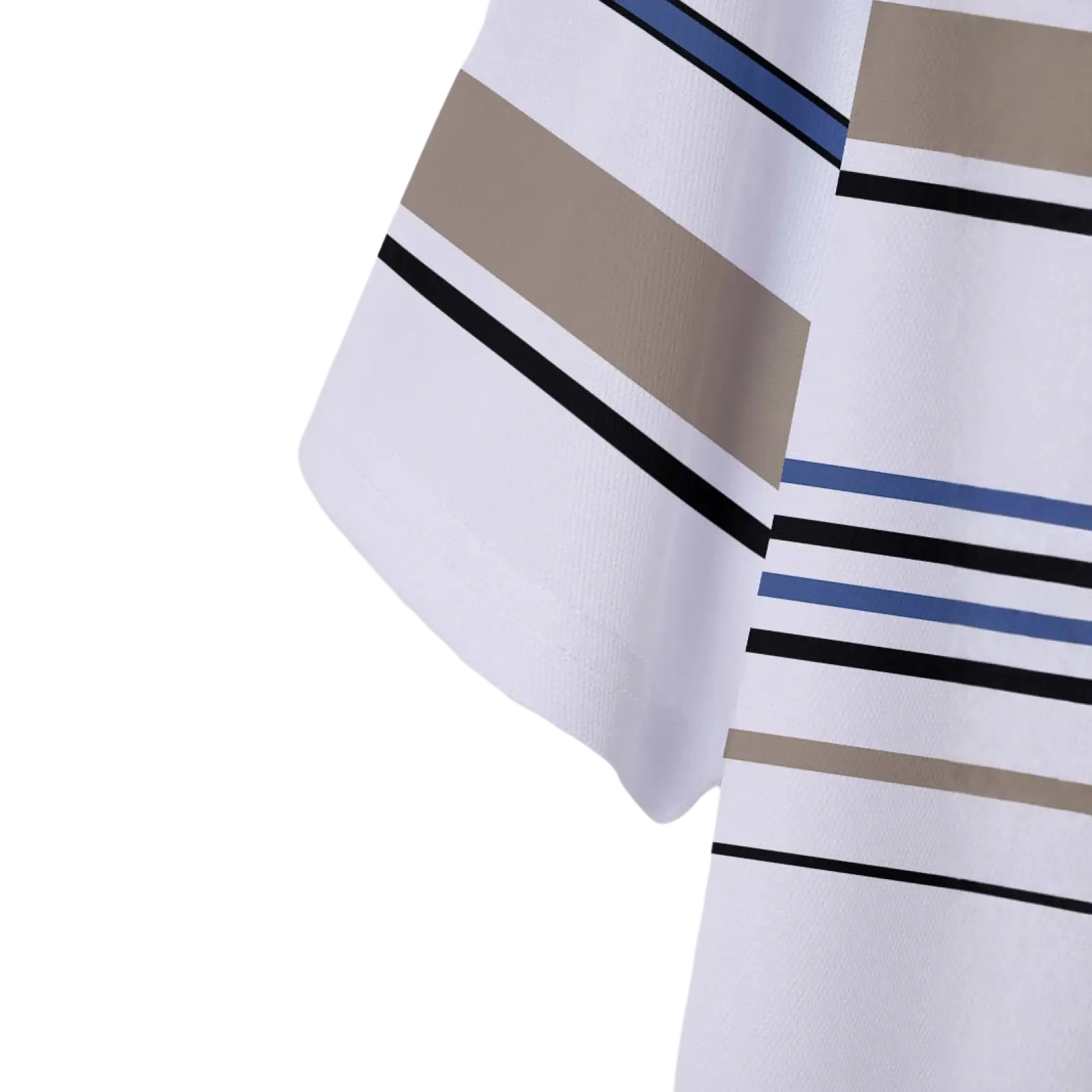 White fabric geometric striped men summer polo shirt with black navy blue and beige horizontal stripes pattern