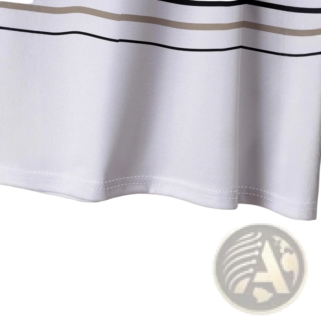 White fabric geometric striped men summer polo shirt with black and beige horizontal stripes and a neat hemline