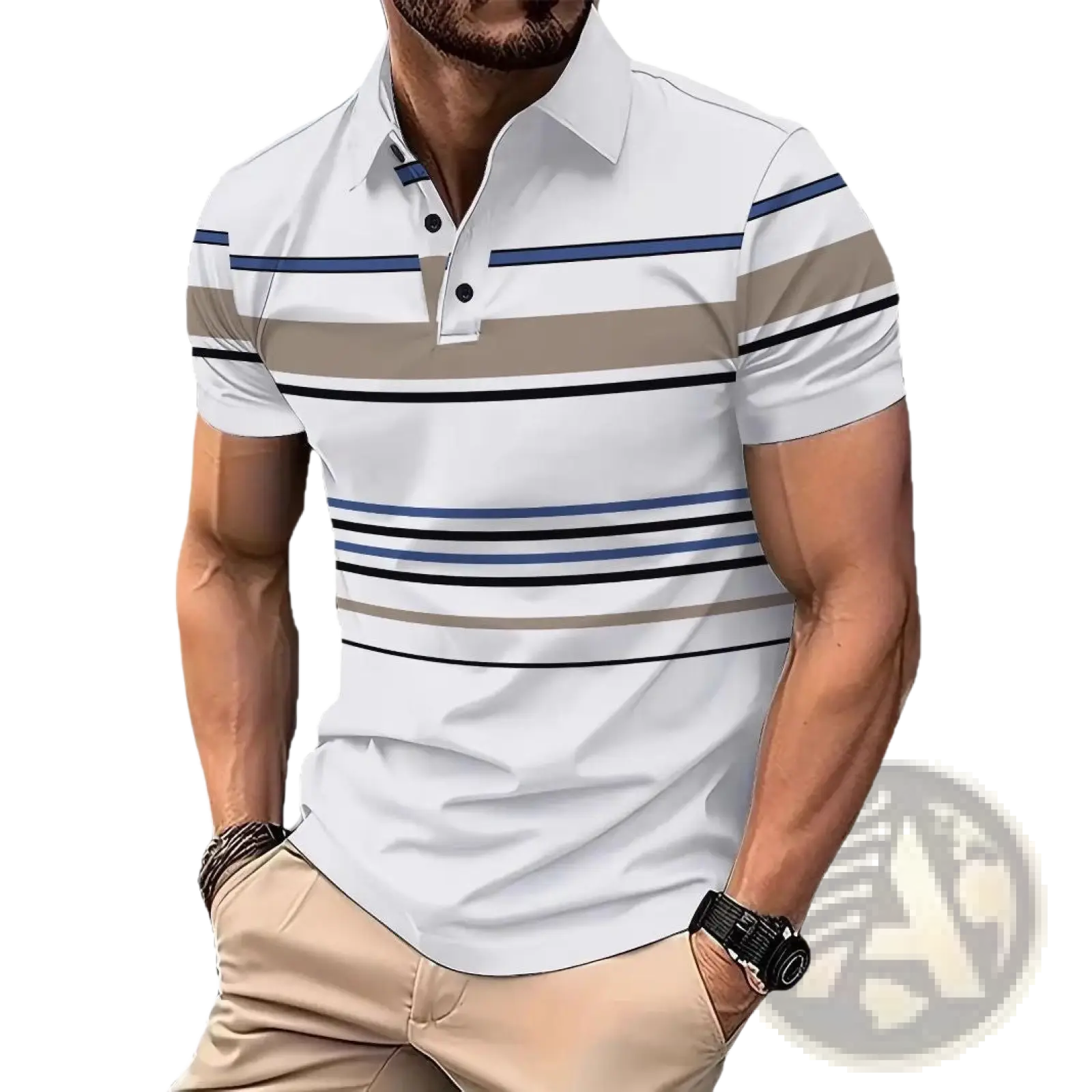 White short-sleeved polo shirt with navy blue black and beige horizontal stripes for men summer wear