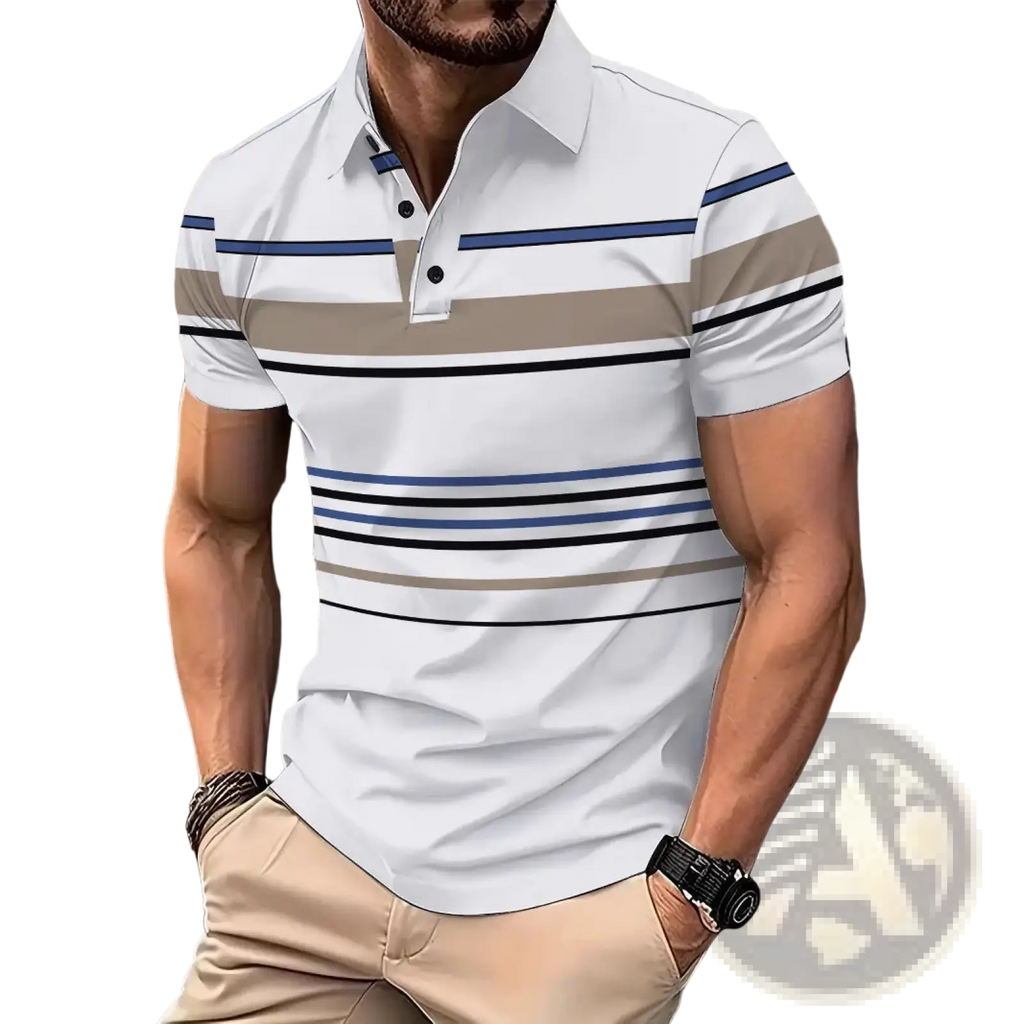 White short-sleeved geometric striped men summer polo shirt with navy blue black and beige horizontal stripes