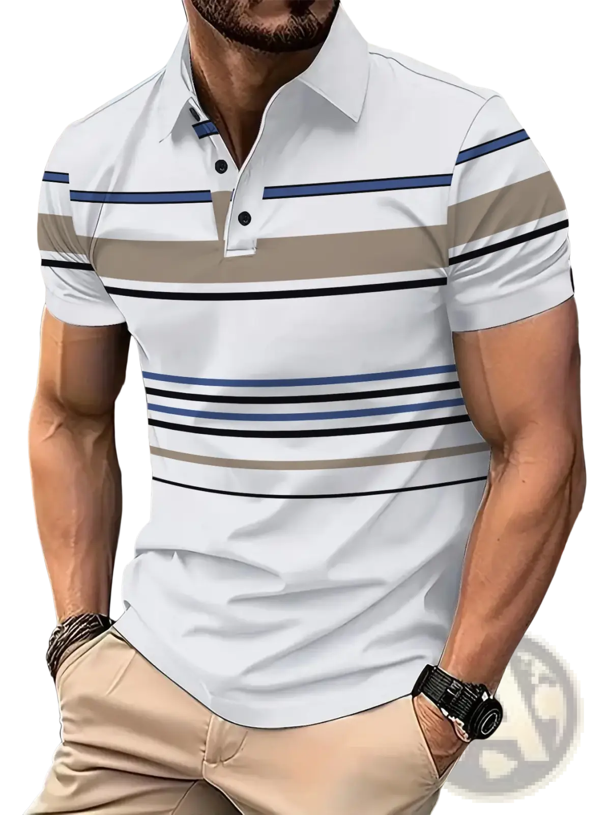 White short-sleeved geometric striped men summer polo shirt with navy blue black and beige horizontal stripes