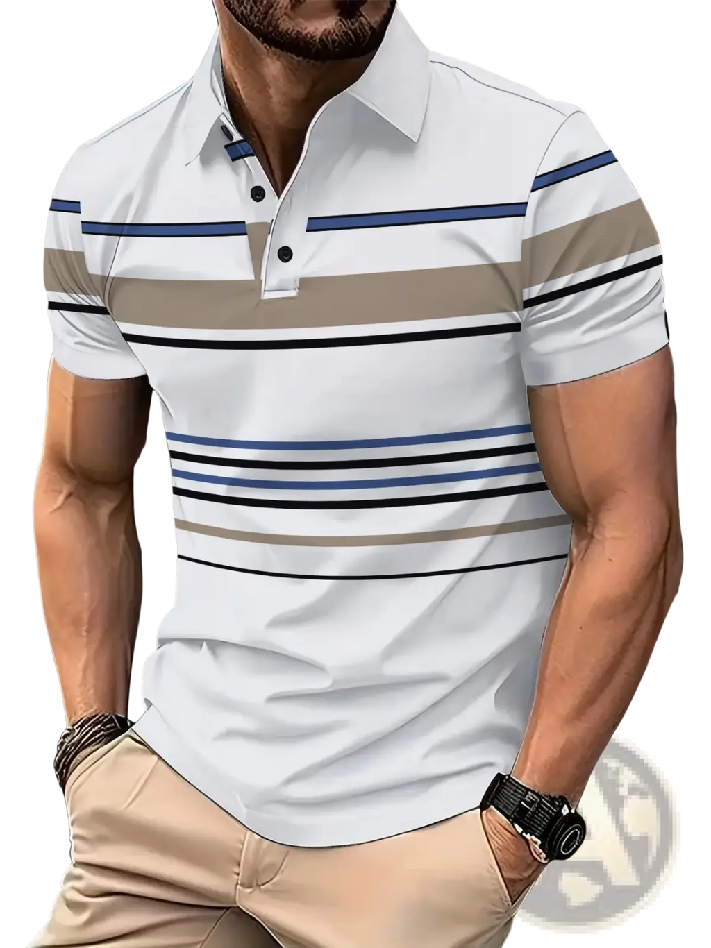 White short-sleeved geometric striped men summer polo shirt with navy blue black and beige horizontal stripes