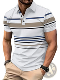White short-sleeved geometric striped men summer polo shirt with navy blue black and beige horizontal stripes