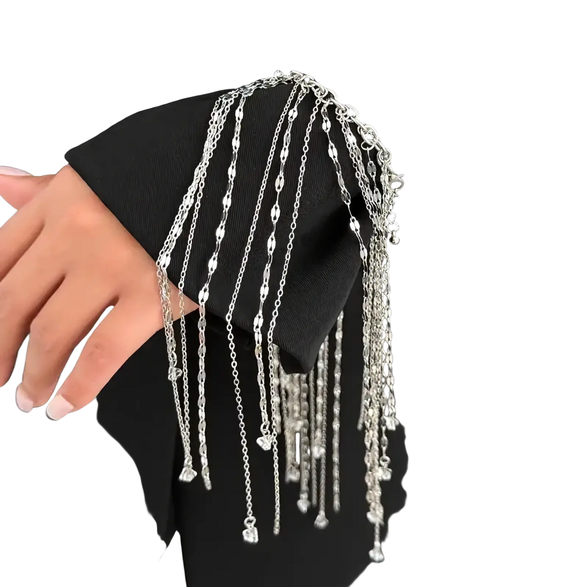 Silver chain geometric tassel charm bracelet for women with dangling heart charms and a layered design