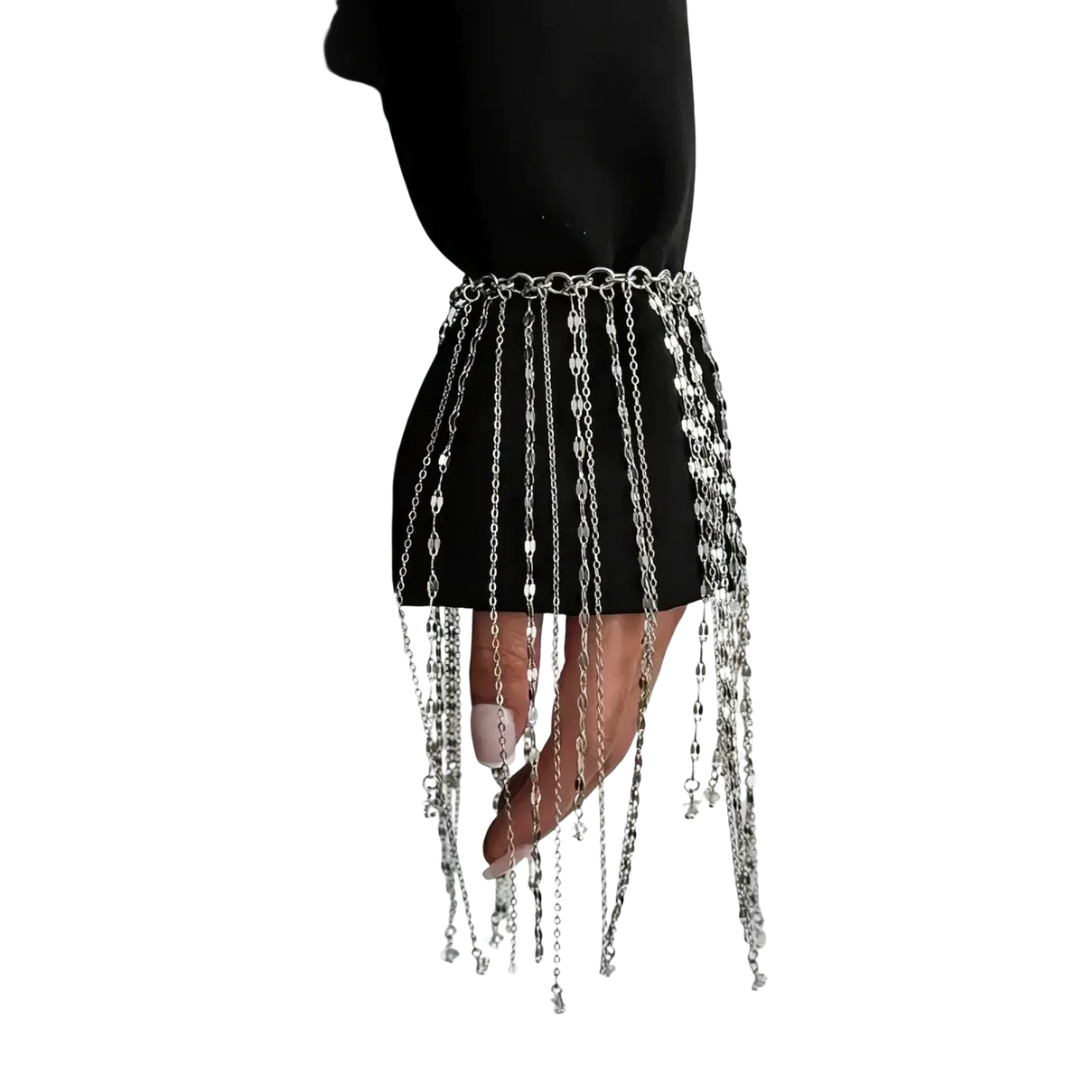 Silver chain fringe cuff bracelet for women featuring dangling links and reflective metallic beads in geometric tassel design