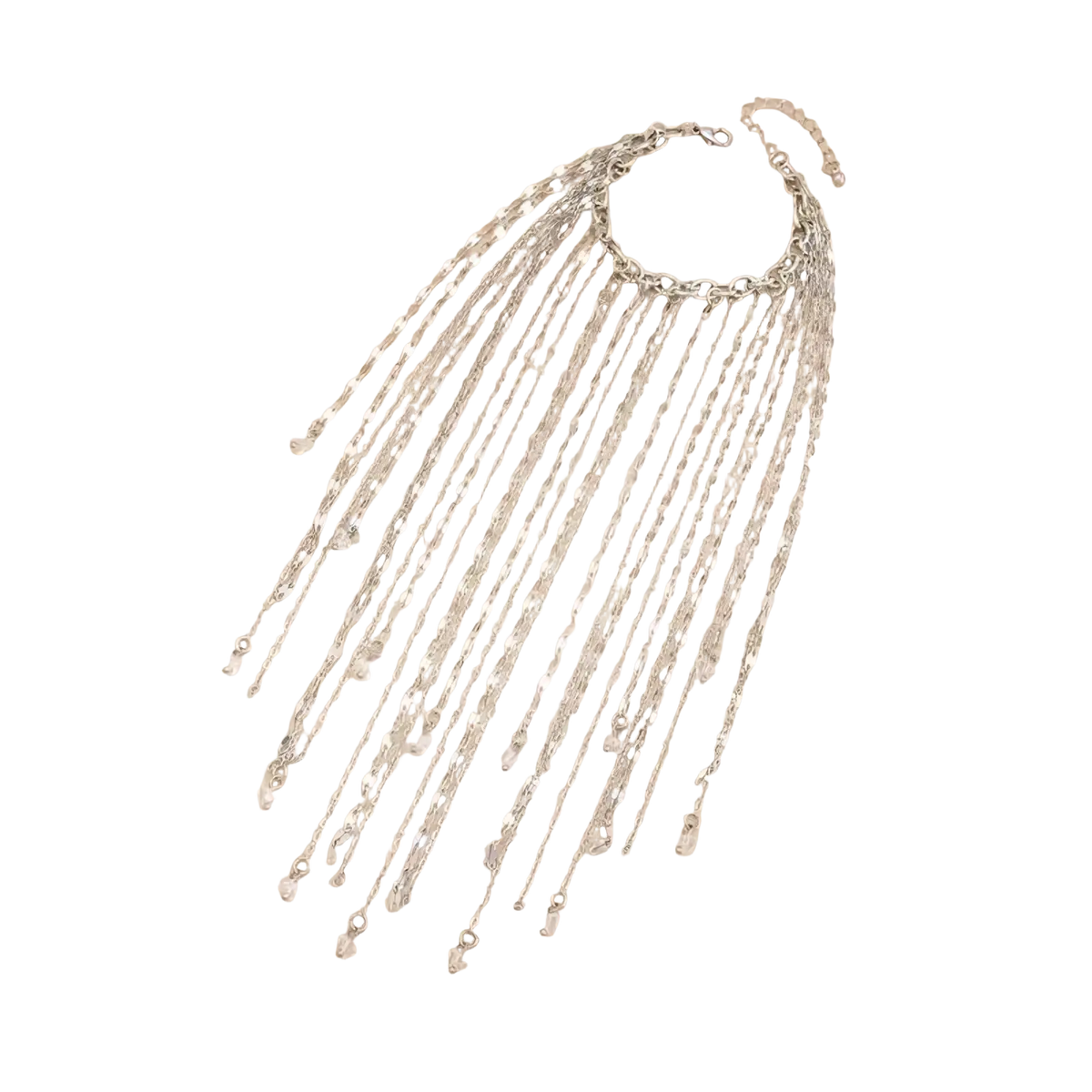 Silver chain fringe anklet with multiple delicate chains cascading from a central clasp in geometric tassel charm style