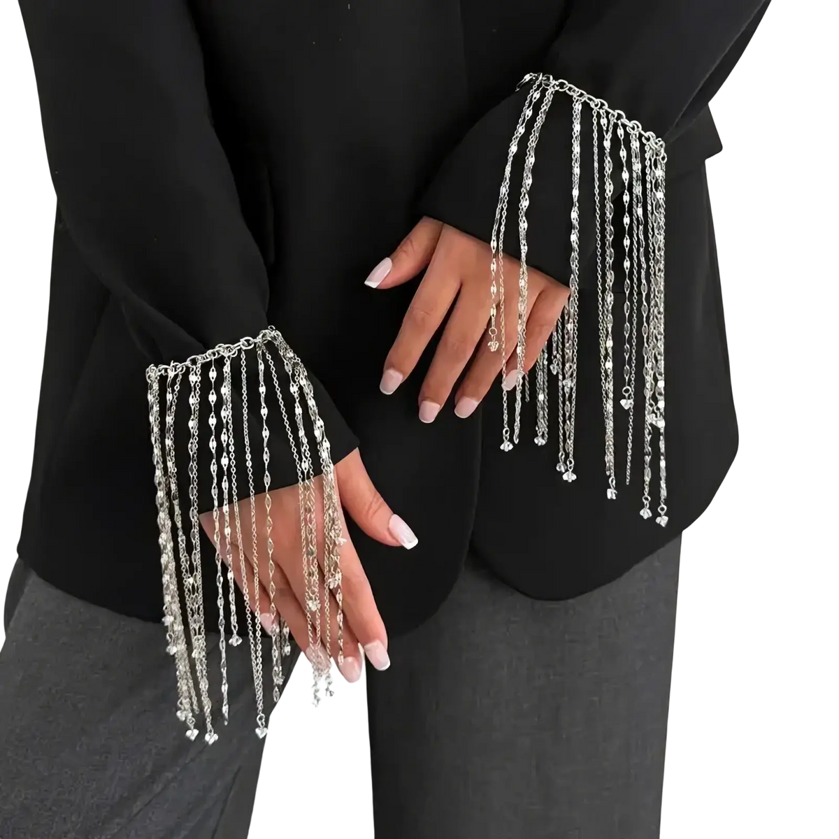 Silver chain fringe cuffs with dangling heart and bead accents on a geometric tassel charm bracelet for women