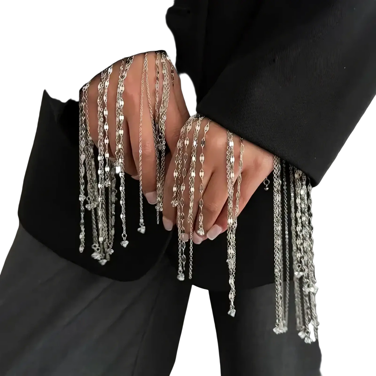 Geometric tassel charm bracelet for women featuring a silver chain fringe with delicate links and dangling beads