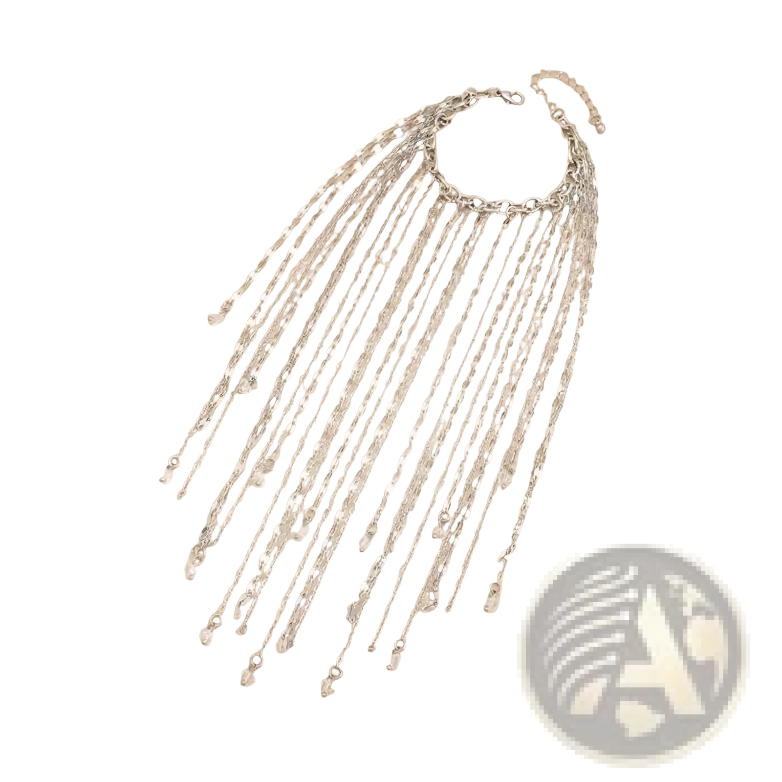 Silver chain fringe anklet with multiple delicate chains cascading from a central clasp in geometric tassel charm style