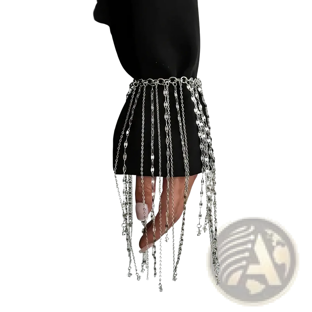 Silver chain fringe cuff bracelet for women featuring dangling links and reflective metallic beads in geometric tassel design