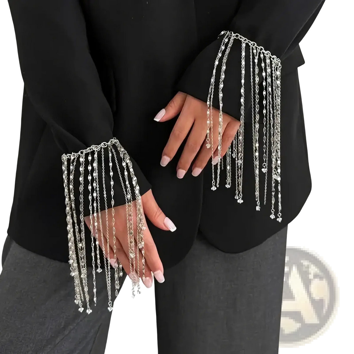 Silver chain fringe cuffs with dangling heart and bead accents on a geometric tassel charm bracelet for women