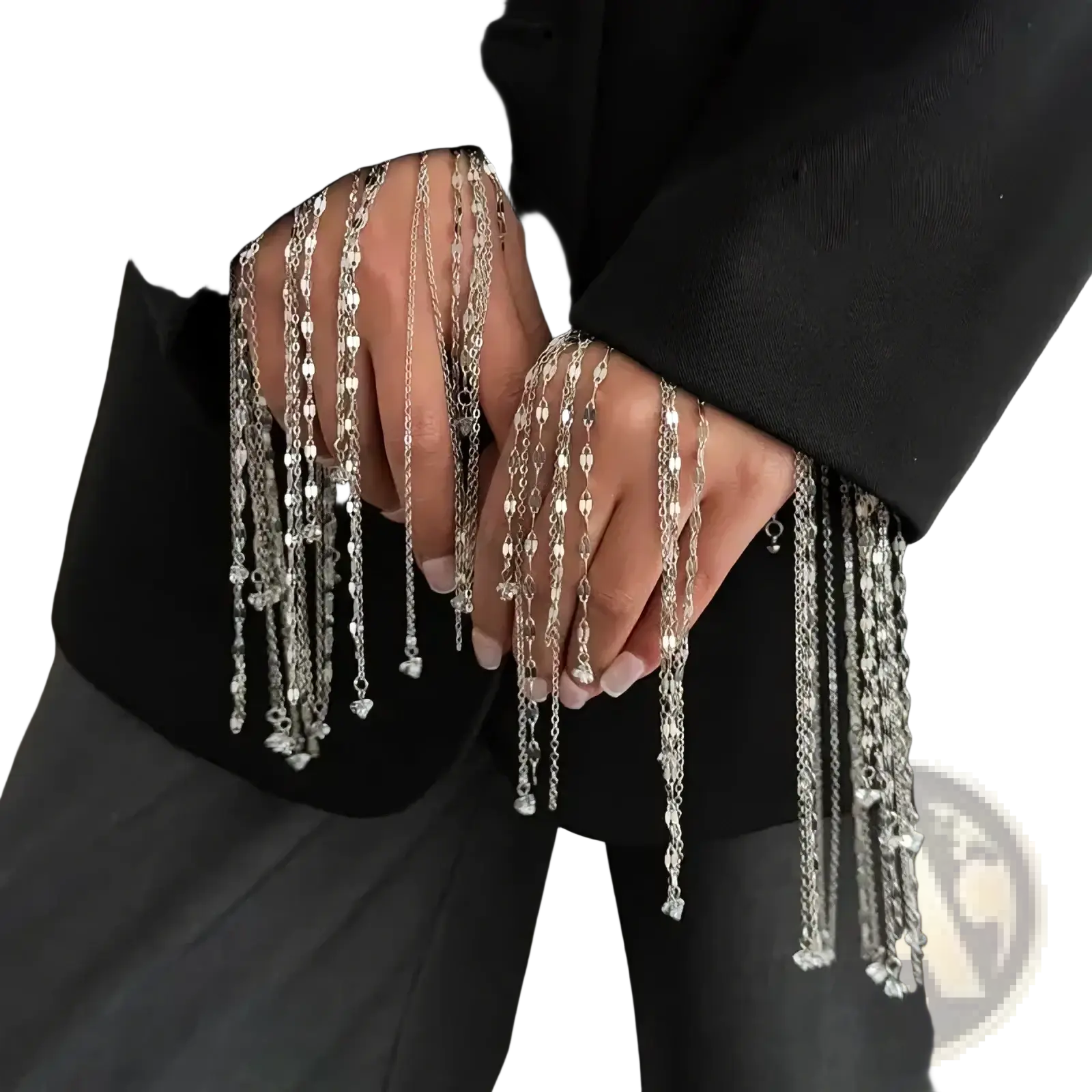 Geometric tassel charm bracelet for women featuring a silver chain fringe with delicate links and dangling beads