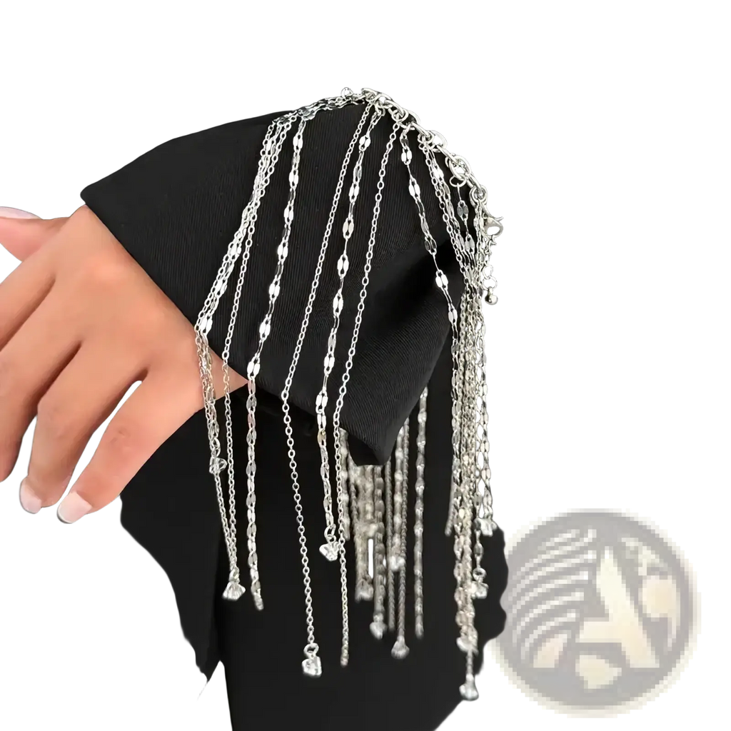 Silver chain geometric tassel charm bracelet for women with dangling heart charms and a layered design